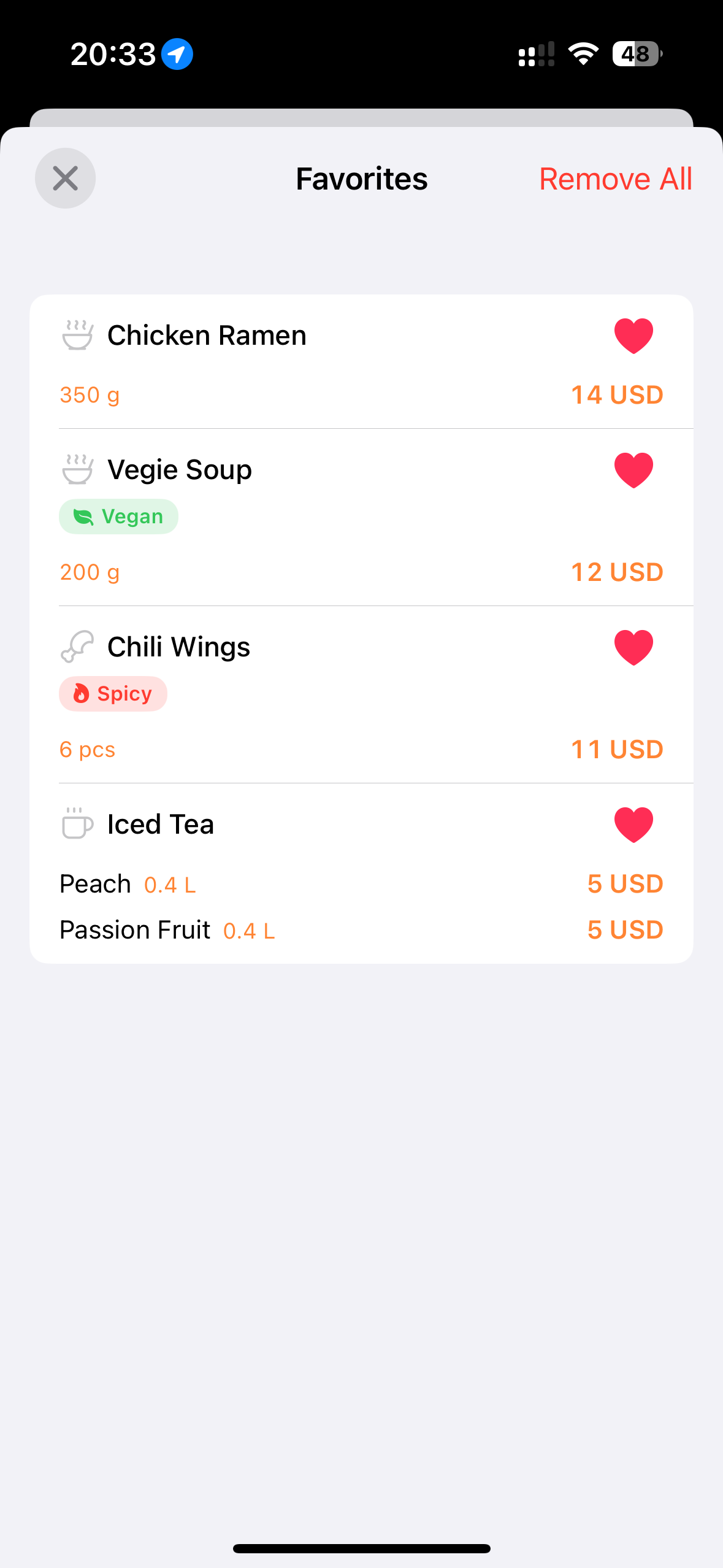 A Favorites list in Mealfy holding dishes saved from different menus
