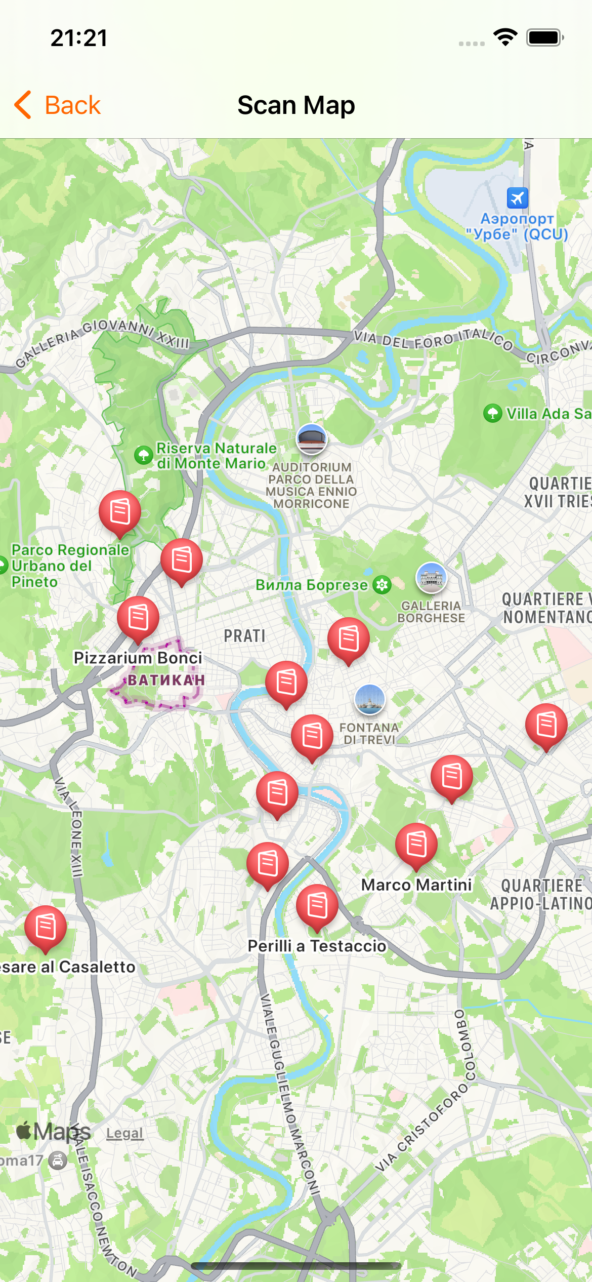 A map of Rome with pins marking each restaurant whose menu was scanned