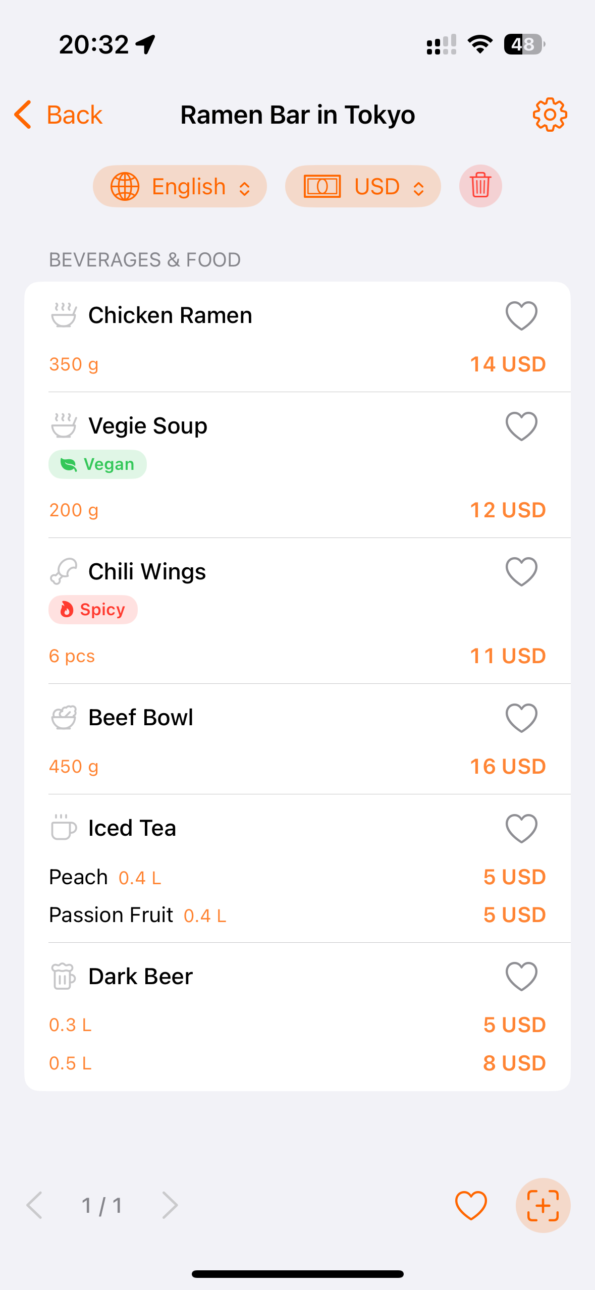The same menu in Mealfy: dishes in English, prices in US dollars, vegan and spicy dishes flagged
