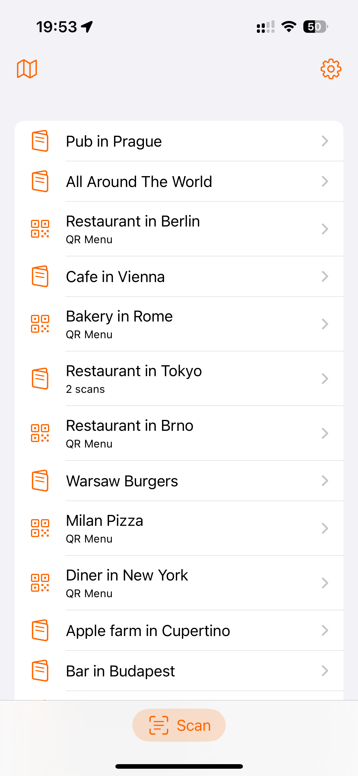 A list of saved menus in Mealfy: Pub in Prague, Restaurant in Berlin, Restaurant in Tokyo and others